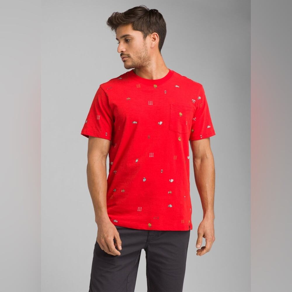 Prana Red Auxi Slim Fit Organic Cotton slub knit Camping Print tee t shirt men S